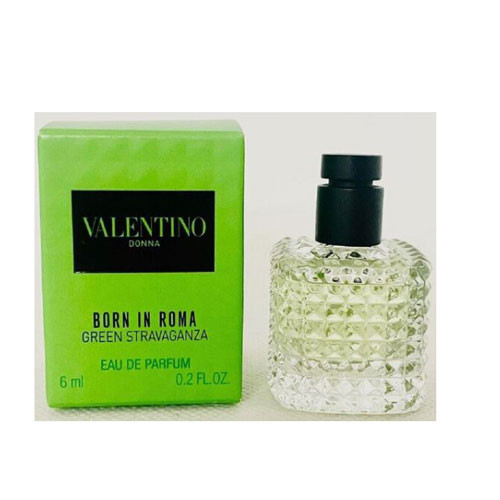 Perfumes Wholesale Valentino Born in Roma Green Stravaganza 6ml EDP perfume bottle and box, green and clear.