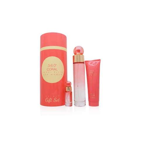 SET PERRY ELLLIS 360 CORAL WOMEN  (3 PC ) 3.4 OZ EDP SP/3.0 OZ SG +MINI / 844061014787