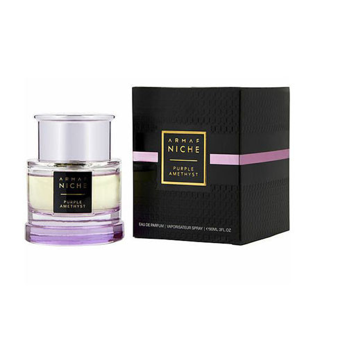 Perfumes Wholesale ARMAF Niche Amethyst Women EDP perfume bottle and box, 3.0 oz, 90ml, purple and clear.