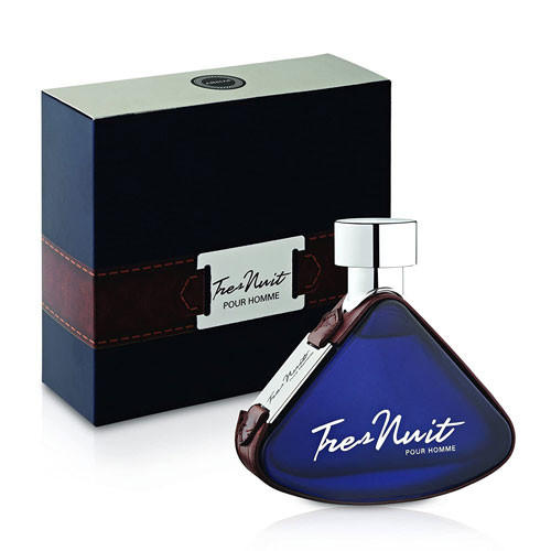 Perfumes Wholesale ARMAF Tres Nuit Men 3.4 oz EDT perfume bottle and box, dark blue, 100ml, silver cap.