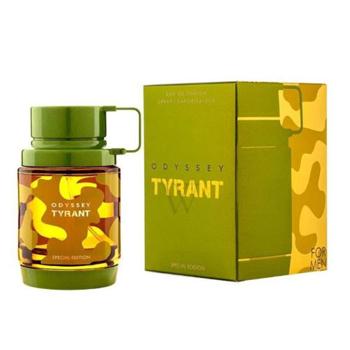 Perfumes Wholesale ARMAF Odyssey Tyrant Men 100ml EDP bottle and box in green and yellow camouflage design.
