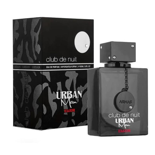 Perfumes Wholesale Armaf Club De Nuit Urban Elixir Men 3.6oz EDP perfume bottle and packaging, dark gray.