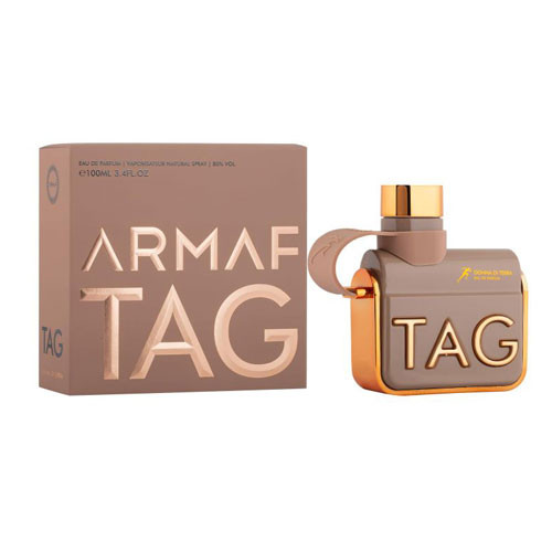 Perfumes Wholesale ARMAF Tag Donna Di Terra Women 3.4oz EDP perfume bottle and box, 100ml, gold accents.