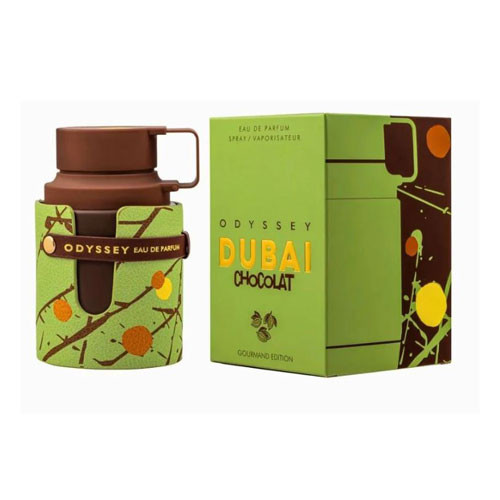 Perfumes Wholesale ARMAF Odyssey Dubai Chocolate Men Gourman Edition 3.4oz EDP bottle and packaging, brown and green.