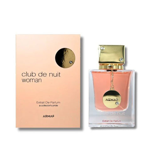 Perfumes Wholesale Armaf Club De Nuit Women perfume bottle 2.37oz, peach-colored liquid, gold cap, and packaging.