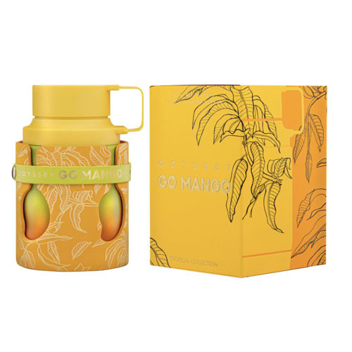 Perfumes Wholesale ARMAF Odyssey Go Mango Tropical Collection unisex perfume bottle and packaging, 100ml, yellow color.