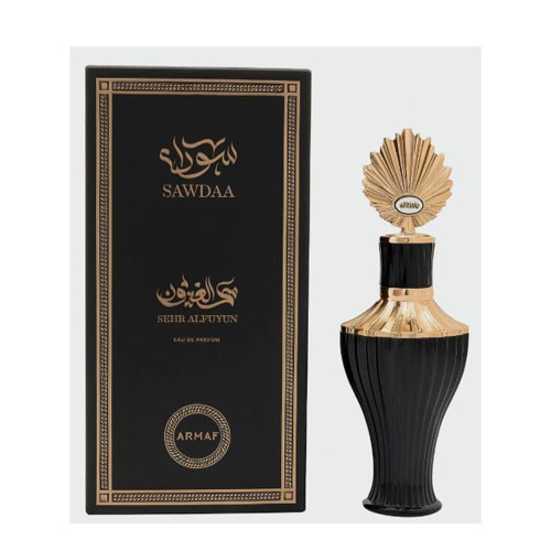 Perfumes Wholesale ARMAF SAWDAA SEHR ALEUYUN MEN 2.5 OZ EDP SP black bottle with gold accents and packaging.
