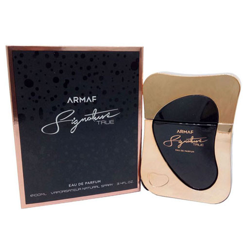 Perfumes Wholesale ARMAF Signature True Unisex EDP perfume bottle and packaging, 3.4 oz, 100ml, gold and black.