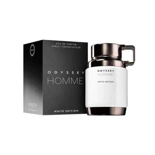 Perfumes Wholesale Armaf Odyssey White Men 3.4oz EDP perfume bottle and packaging, 100ml, white and silver design.