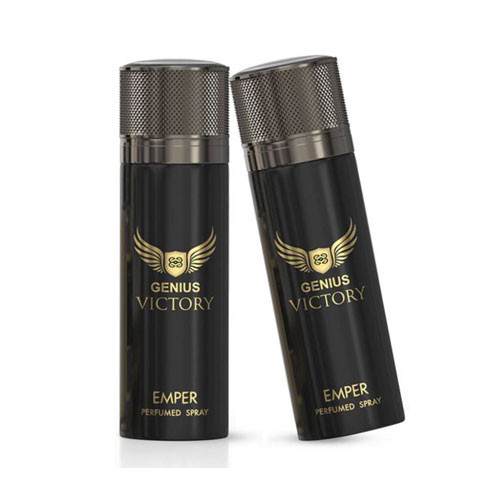 Perfumes Wholesale Two black EMPER GENIUS VICTORY MEN deodorant spray bottles 6.6oz with gold logo and cap.