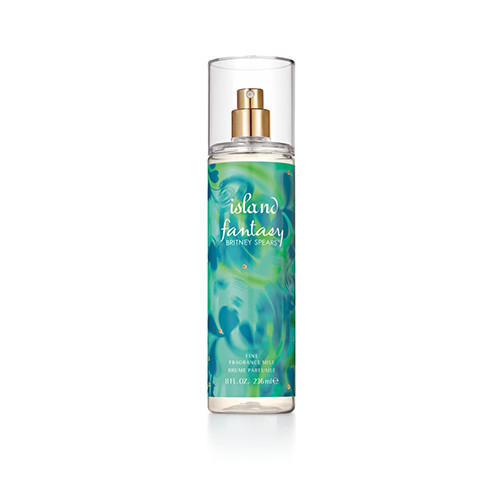 Perfumes Wholesale Britney Spears Island Fantasy body mist, 8 oz, clear bottle with gold spray nozzle and label.