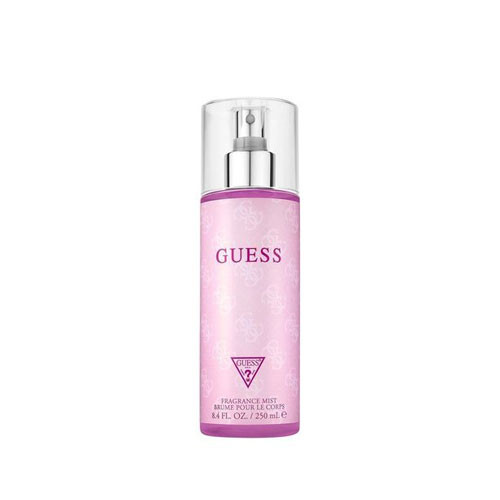 Perfumes Wholesale GUESS body mist for women, 8.4 oz, pink bottle with silver cap and triangle logo.