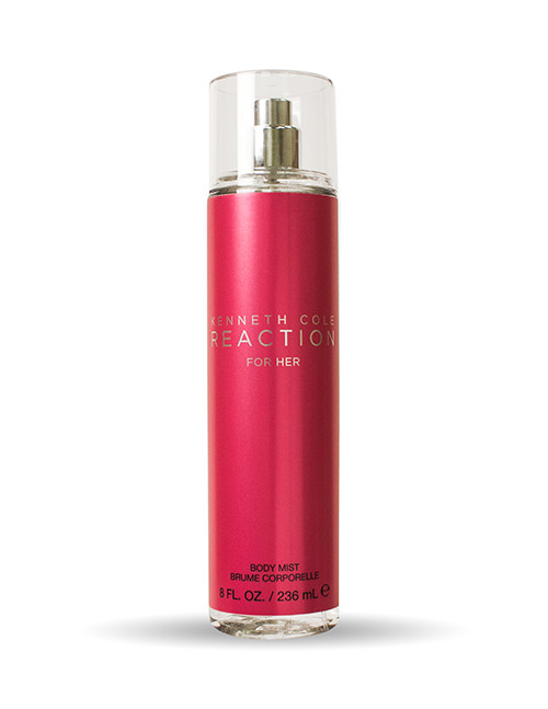 Perfumes Wholesale Kenneth Cole Reaction body mist for women, 8.0 oz, pink bottle with clear cap and gold spray.