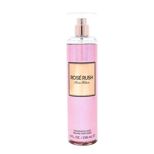 Perfumes Wholesale Paris Hilton Rose Rush body mist, 8oz, pink bottle with gold cap and label.