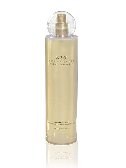 Perfumes Wholesale Perry Ellis 360 Body Mist for Women, 8.0 oz, 240ml, gold transparent bottle with spray nozzle.