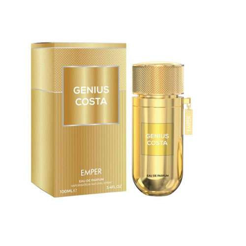 Perfumes Wholesale EMPER Genius Costa Women 3.4 oz EDP perfume bottle and box, 100ml, gold color.