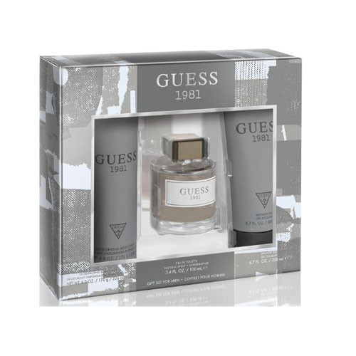 Perfumes Wholesale GUESS 1981 men's 3-piece gift set, EDT spray, shower gel, and body lotion, gray packaging.