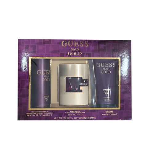 Perfumes Wholesale GUESS Man Gold 3-piece gift set, 2.5oz EDT spray, 6.0oz body splash, 6.7oz shower gel.