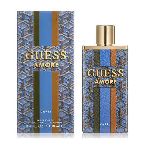 Perfumes Wholesale GUESS Amore Capri unisex perfume bottle and box, 100ml, blue and gold packaging, EDT fragrance.