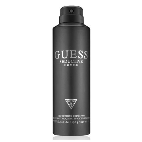 Perfumes Wholesale GUESS Seductive Homme body spray bottle, 6.0 oz, black packaging with white logo and triangle emblem.