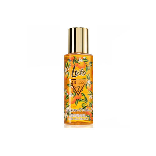 Perfumes Wholesale GUESS Love Sunkissed Flirtation Women body mist, 8.4 oz, 240ml, orange floral bottle with gold cap.