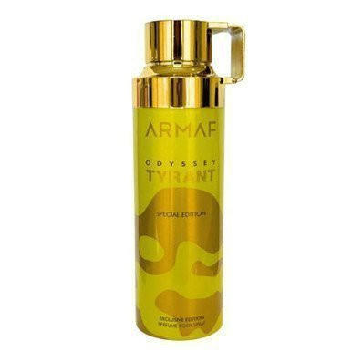 Perfumes Wholesale ARMAF Odyssey Tyrant Men body spray, 6.8 oz, gold bottle, ARMAF branding, 200ml size.