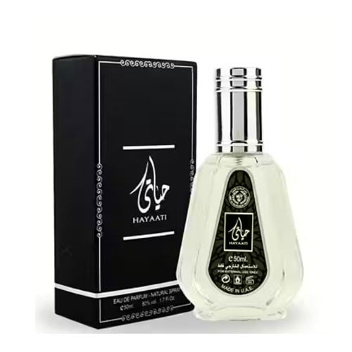 Perfumes Wholesale ARD AL ZAAFARAN HAYAATI 1.7 OZ EDP perfume bottle and box, 50ml size, UP-ARDZ-100.