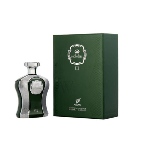 Perfumes Wholesale AFNAN III HIS HIGHNESS GREEN MEN 3.4 OZ EDP perfume bottle and box, 100ml, silver cap.