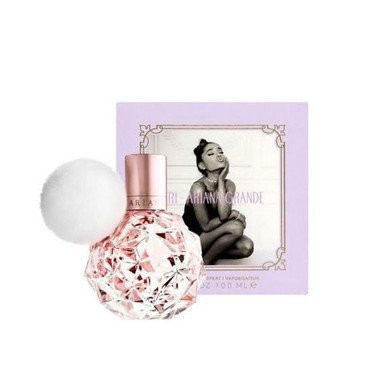 Perfumes Wholesale Ariana Grande perfume bottle, 3.4 oz EDP spray, 100ml, pink and white floral design.