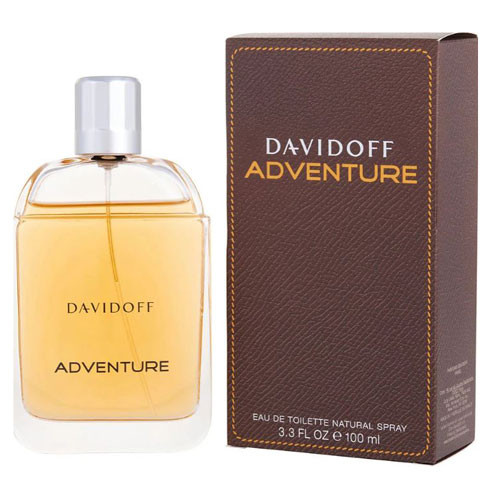 Perfumes Wholesale Davidoff Adventure Men 3.4oz EDT, 100ml bottle, Davidoff branding, yellow liquid, silver cap.