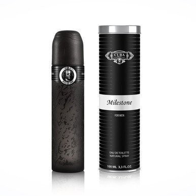 Perfumes Wholesale CUBA Milestone Men 3.4 oz EDT perfume bottle and packaging, 100ml, black and silver packaging.