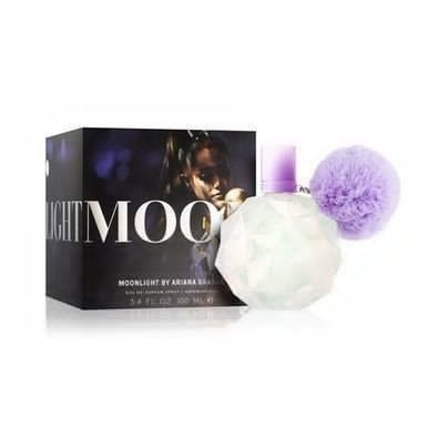 Perfumes Wholesale Ariana Grande Moonlight perfume bottle and box, 3.4 oz EDP, 100ml, purple and clear design.