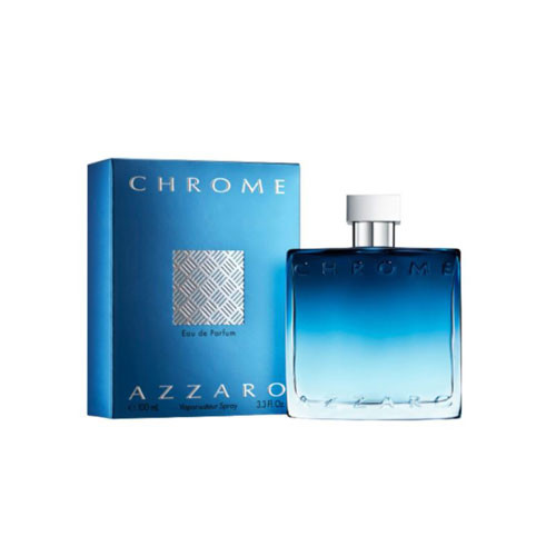 Perfumes Wholesale Azzaro Chrome Men 3.4 oz EDP perfume bottle and box, 100ml, blue gradient, silver cap.