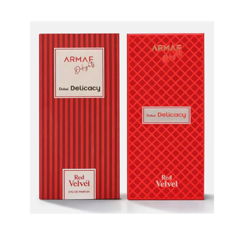 Perfumes Wholesale Armaf Delights Dubai Delicacy Red Velvet 2.37 Oz EDP Spray, 70ml, red packaging.