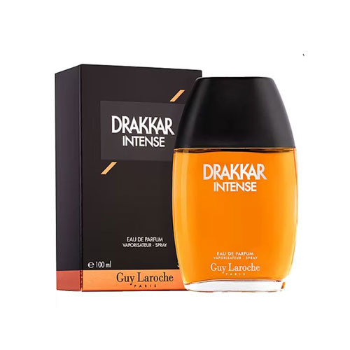 Perfumes Wholesale DRAKKAR NOIR INTENSE MEN 3.4 OZ EDP perfume bottle and box, 100ml, DRAKKAR brand, orange color.
