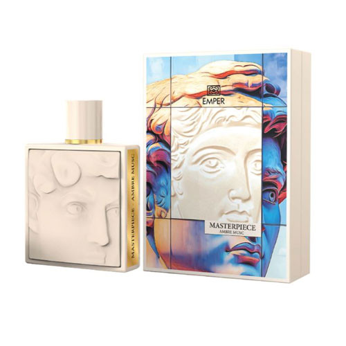 Perfumes Wholesale EMPER MATERPIECE AMBRE MUSC UNISEX 3.4 OZ EDP, 100 ML, beige bottle, square shape.