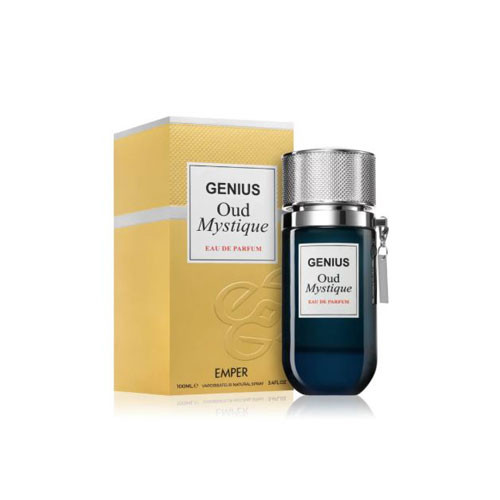 Perfumes Wholesale EMPER GENIUS OUD MYSTIQUE UNISEX 3.4 OZ EDP SP, 100ml, dark blue bottle, silver cap.
