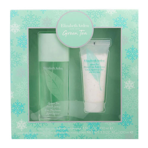 Perfumes Wholesale Elizabeth Arden Green Tea gift set, 3.3oz spray and body cream, in green packaging.