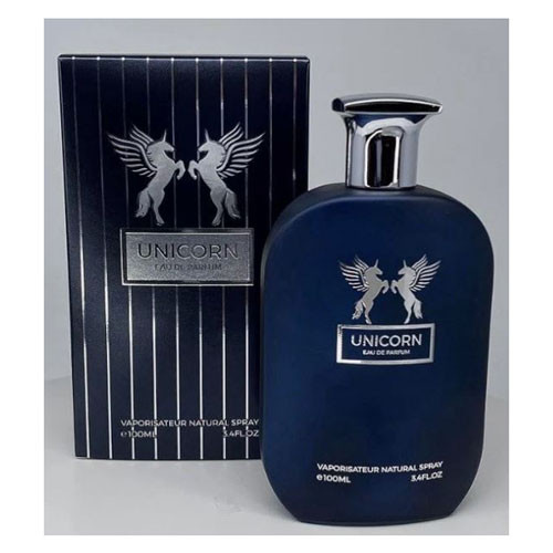 Perfumes Wholesale EMPER UNICORN Exclusive Men 3.4 OZ EDP, dark blue bottle with silver cap and logo.