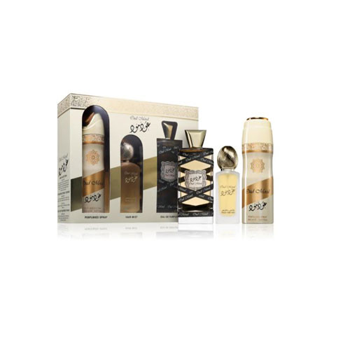Perfumes Wholesale Lattafa Oud Mood Unisex Gift Set, 3 Pc, EDP, Deo, Hair Mist, Brown Color Bottles