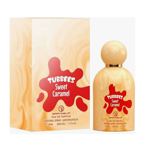 Perfumes Wholesale GRANDEUR Tubbees Sweet Caramel Women 1.7 oz EDP perfume bottle and box packaging, beige color.
