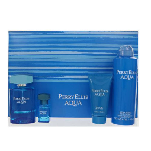 Perfumes Wholesale Perry Ellis Aqua Gift Set, 3.4 oz EDT, 6.8 oz Deo Spray, 1.7 oz SG, Blue.