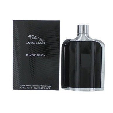 Perfumes Wholesale JAGUAR Classic Black Men 3.4 OZ EDT perfume bottle and box, 100ml, black color.