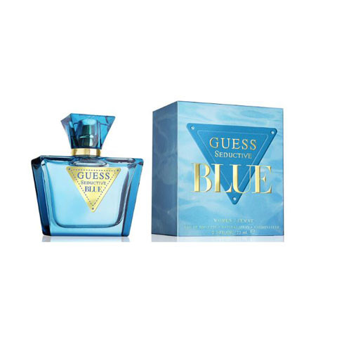 Perfumes Wholesale GUESS Seductive Blue Women 2.5 OZ EDT perfume bottle and box, 75ml, blue color, GUESS logo.