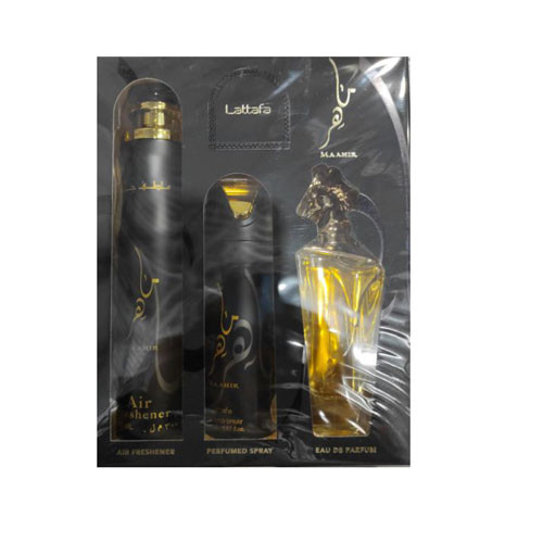 Perfumes Wholesale Lattafa Maahir Unisex Gift Set, 3PC, 3.4oz EDP, 6.67oz Deo, 10.14oz Air Freshener.