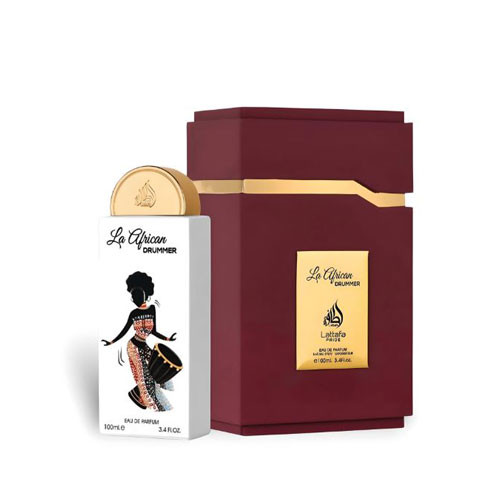Perfumes Wholesale LATTAFA Pride La Africana Drummer Women 3.4 oz EDP perfume bottle and box, maroon and gold packaging.