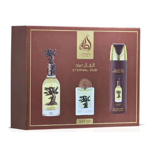 Perfumes Wholesale LATTAFA Eternal Oud Unisex Gift Set, 3 pcs, EDP, Perfumed Spray, 6.7 oz, Brown packaging.
