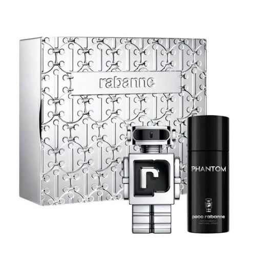 Perfumes Wholesale Paco Rabanne Phantom Men Gift Set, 3.4oz EDT & 5.1oz Deo Spray, silver and black packaging.