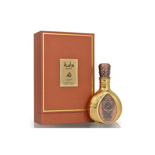 Perfumes Wholesale LATTAFA Pride Masa Unisex 3.4oz EDP perfume bottle and box, 100ml, golden and brown color.