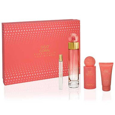 Perfumes Wholesale Perry Ellis 360 Coral gift set, 4-piece collection including EDP, mist, shower gel, and more.